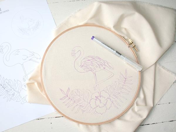 Flamingo Stickbild: Sticken vorbereiten Stickring sticken Flamingo