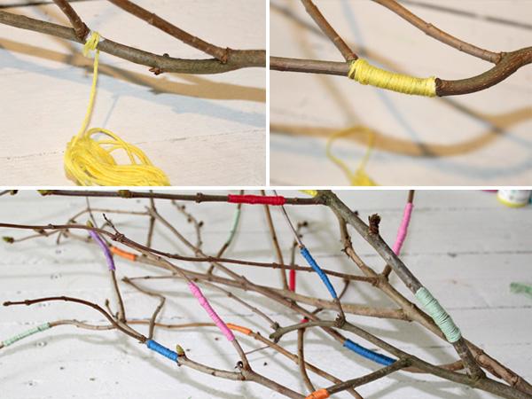 &Auml;ste mit bunten B&auml;ndern und Garn verzieren