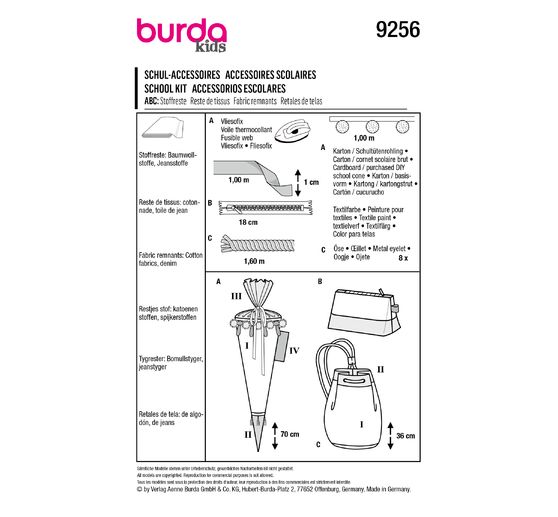 Burda Kids Schnittmuster Schult&uuml;te, M&auml;ppchen und Turnbeutel Nr. 9256